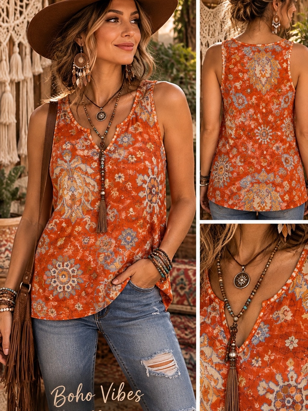 Floral Sleeveless Tank Top - Orange (23)